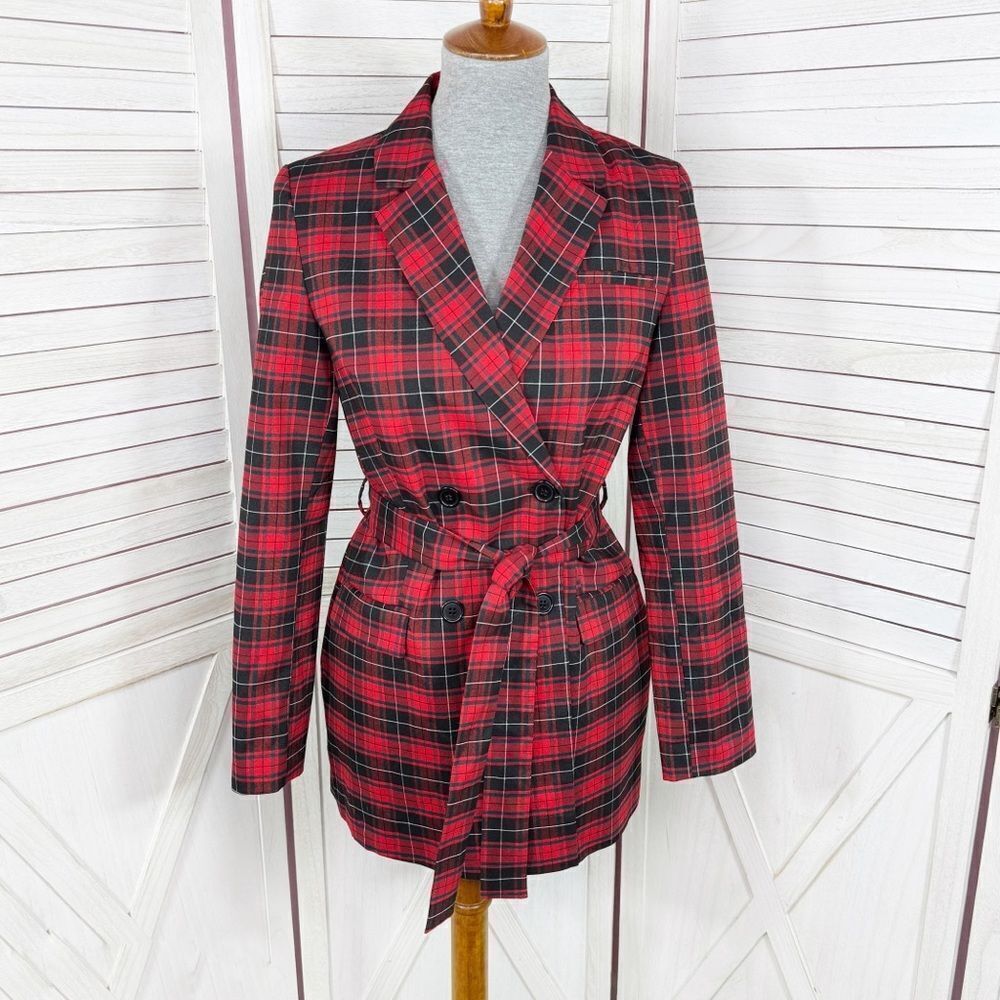 BeFree Tartan Plaid Double Breasted Tie Waist Trench‎ Overcoat Red XS
